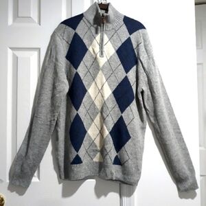 J. Crew Men's Sweater 100% lambswool gray blue and white size Large